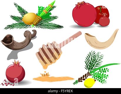 Un pacco di illustrazioni vettoriali di famosi simboli ebraici per la festività ebraiche Anno nuovo, Yom Kipur e Sukkot. Illustrazione Vettoriale
