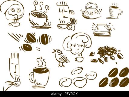Un pacco di illustrazioni vettoriali di caffè relative scarabocchi. Illustrazione Vettoriale