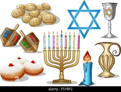 Un pacco di illustrazioni vettoriali di famosi simboli per la festa ebraica Hanukkah. Illustrazione Vettoriale