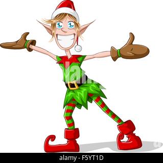 Una illustrazione vettoriale di un natale elf diffondendo i suoi bracci e sorridente. Illustrazione Vettoriale
