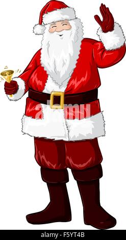 Una illustrazione vettoriale di Babbo Natale sorridente e squilla una campana e agitando la mano per Natale. Illustrazione Vettoriale