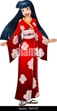 Illustrazione vettoriale di una donna asiatica nel tradizionale rosso giapponese kimono. Illustrazione Vettoriale