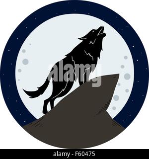 Illustrazione vettoriale di un lupo ulula alla luna di notte. Illustrazione Vettoriale