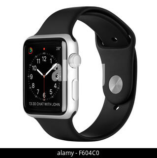 Varna, Bulgaria - 16 Ottobre 2015: Apple guardare dello sport 42mm argento Case in alluminio con banda nera con orologio sul display. Foto Stock