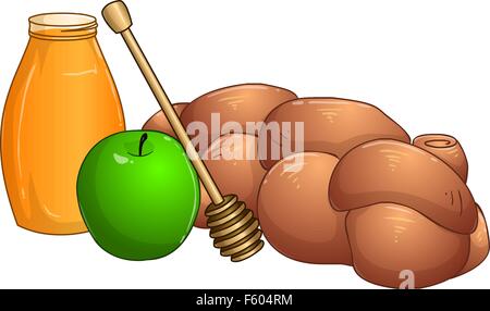 Illustrazione Vettoriale di miele jar apple e chala per Rosh Hashanah Illustrazione Vettoriale