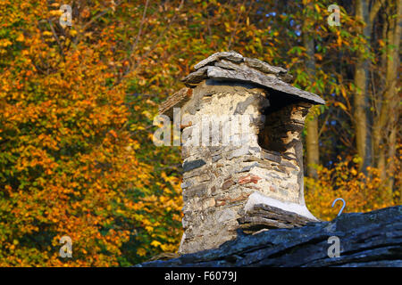 Il vecchio blocco di granito camino nella parte anteriore di un colorato foresta di autunno Foto Stock