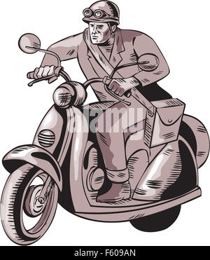 Incisione Incisione stile artigianale illustrazione di un messaggero a cavallo vintage scooter bici del motore impostato su isolato sullo sfondo bianco. Foto Stock