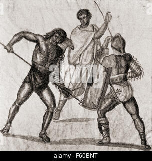 Due gladiatori di pratica. Loro trainer sta dietro dando loro istruzioni. Dopo un mosaico romano. Foto Stock