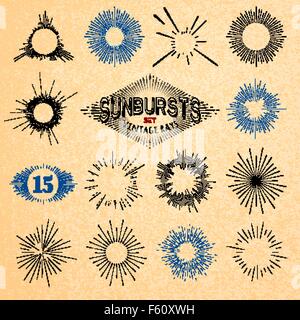 Set di retrò sole forme di burst. Vettore Collezione di moda Hipster Sunburst elementi di design. Lo scoppio dei raggi solari frame. Raggio di luce Illustrazione Vettoriale