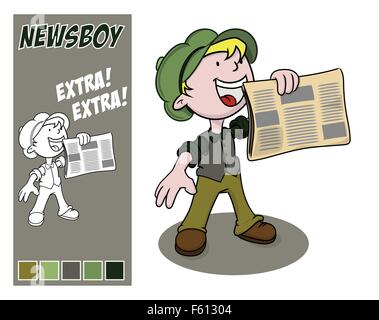 Extra: vintage newsboy tiene fuori la sua carta per la vendita. Illustrazione Vettoriale. Illustrazione Vettoriale