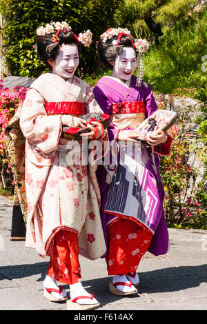 Giappone, Kyoto. Due coppia geisha, Maiko, in kimono, sorridente, camminando lungo la strada del sole primaverile. Una rosa e un kimono malva. Foto Stock