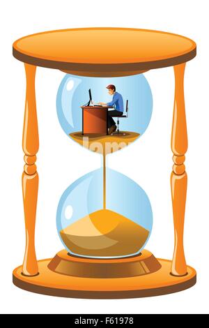 Una illustrazione vettoriale del lavoratore di ufficio dentro la clessidra per il concetto di scadenza Illustrazione Vettoriale