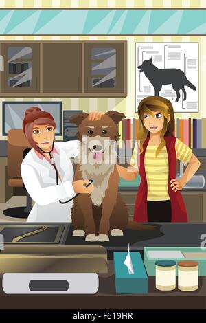 Una illustrazione vettoriale di un veterinario esaminando un simpatico cane Illustrazione Vettoriale