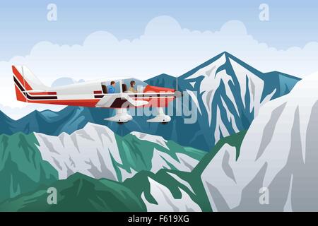 Una illustrazione vettoriale del piccolo aeroplano volare attraverso le montagne Illustrazione Vettoriale
