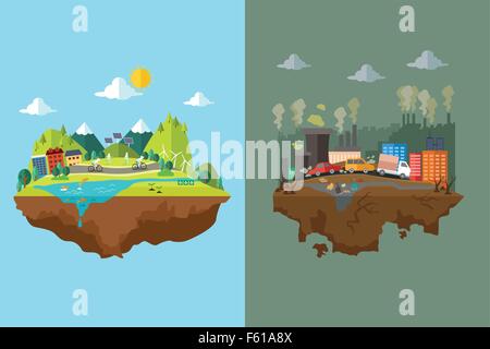 Una illustrazione vettoriale di confronto della città pulita e città inquinate Illustrazione Vettoriale