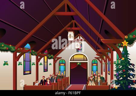 Una illustrazione vettoriale di persone celebrare la vigilia di Natale all'interno della chiesa Illustrazione Vettoriale