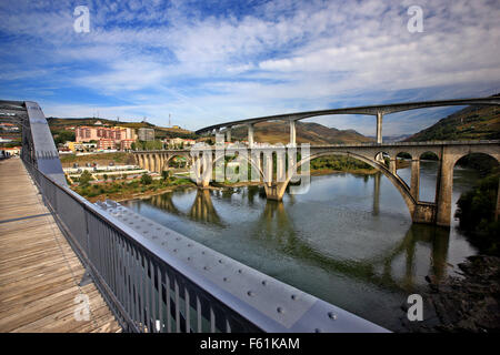 Ponti che attraversano il fiume Douro a peso da Regua città, Porto e Norte in Portogallo. Regione dei Vini di Alto Douro (Patrimonio Mondiale dell'UNESCO) Foto Stock