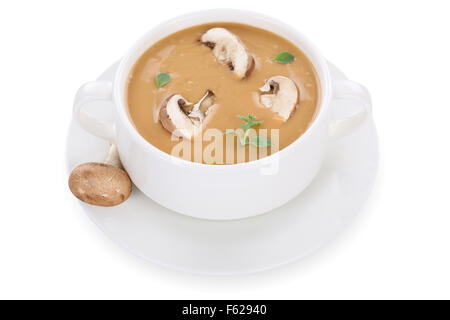 Zuppa di funghi pasto con funghi in tazza isolata su uno sfondo bianco Foto Stock