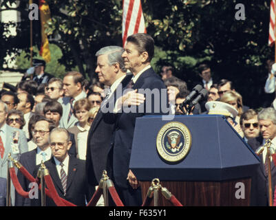 Il Presidente degli Stati Uniti Ronald Reagan accoglie il Cancelliere Helmut Schmidt della Germania durante una cerimonia di benvenuto alla Casa Bianca di Washington il 21 maggio 1981. Schmidt è programmato per incontrare il Presidente e altri alti funzionari del governo durante i suoi quattro giorni di visita a noi. Helmut Schmidt è deceduto il 10 novembre 2015 all'età di 96. Credito: Benjamin E. 'gene' Forte/CNP - nessun filo SERVICE - Foto Stock