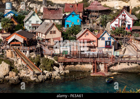 Il villaggio di Popeye, Sweethaven, vicino a Mellieha, Malta. Foto Stock