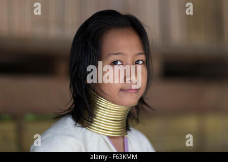 Una ragazza da Kayan ("lungo collo') della tribù della collina nel nord della Thailandia Foto Stock