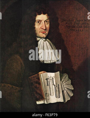 DENIS PAPIN (1647- C 1712) inventore francese e fisico con un libro che mostra uno dei suoi disegni per un digestivo di vapore Foto Stock
