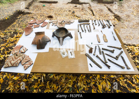 Le ossa umane e ceramiche sono mostrati su un tavolo da excavions archeologico in Bulgaria. Foto Stock