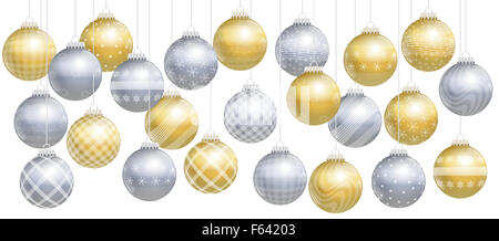 Palle di Natale - oro e argento assortimento. Illustrazione su sfondo bianco. Foto Stock