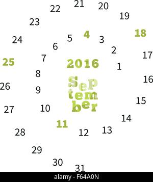 Creative il calendario per il mese di settembre 2016 con date a spirale Illustrazione Vettoriale