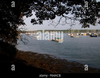 Yacht ormeggiato sul fiume Fal Mylor, Falmouth, Cornwall, Regno Unito Foto Stock