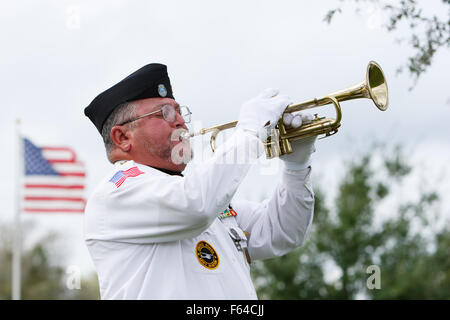 San Antonio, Texas, Stati Uniti d'America. Novembre 11, 2015. Robert Ramirez del Fort Sam Houston Memorial distacco Servizi di guardia d'onore riproduce i rubinetti durante la giornata dei veterani di cerimonie di Fort Sam Houston Cimitero Nazionale di San Antonio, Texas. Diverse centinaia di persone hanno partecipato alla cerimonia, si tiene ogni anno per commemorare i veterani delle forze armate statunitensi. Credito: Michael Silver/Alamy Live News Foto Stock