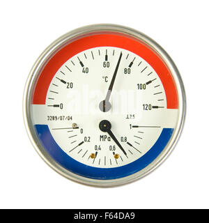 Temperatura e misuratore di pressione. Isolato su bianco Foto Stock