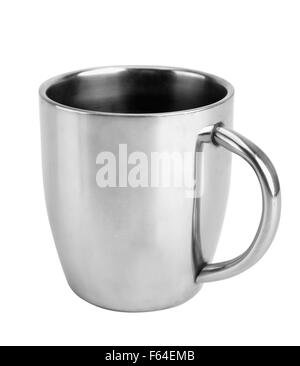 Close-up di argento thermos mug isolato su bianco Foto Stock