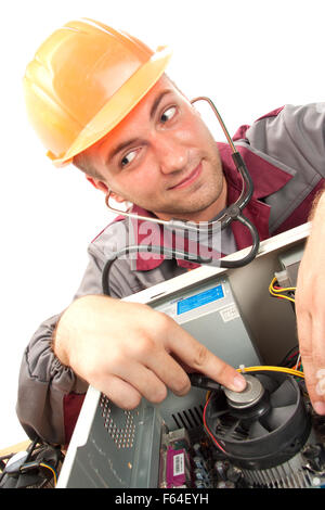 Computer Support Engineer. Isolato su bianco Foto Stock