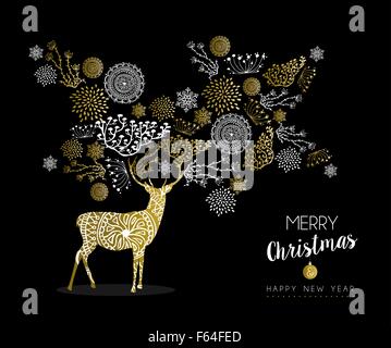 Auguri di Buon Natale felice anno nuovo lussuoso golden deer design su sfondo nero con gli elementi della natura e l'etichetta. Ideale per carta Illustrazione Vettoriale