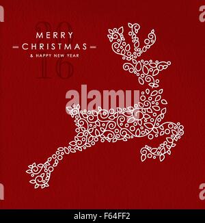 Auguri di Buon Natale Felice Anno Nuovo 2016 greeting card sfondo. Renne lineare jumping con monogramma decorazione, ornamento Illustrazione Vettoriale