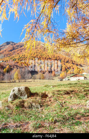 Isolato in pietra e un panorama autunnale nelle alpi italiane dietro una recinzione Foto Stock