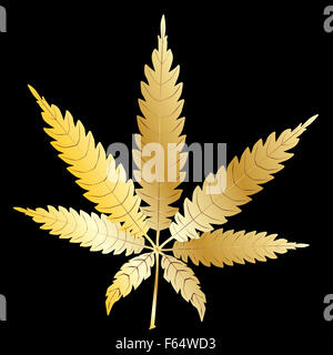 Un golden Cannabis leaf isolate su uno sfondo nero. Foto Stock