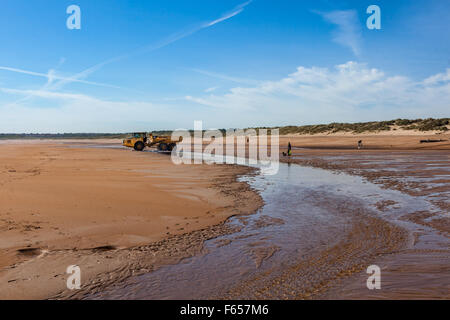 Dog walker sulla sabbiosa spiaggia di Blyth, Northumberland, Regno Unito Foto Stock