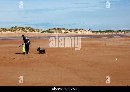 Dog walker sulla sabbiosa spiaggia di Blyth, Northumberland, Regno Unito Foto Stock