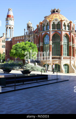 Raffinati dettagli architettonici di Barcellona landmark, Hospital de la Santa Creu i Sant Pau a Barcellona, Spagna Foto Stock