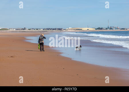 Dog walker sulla sabbiosa spiaggia di Blyth, Northumberland, Regno Unito Foto Stock