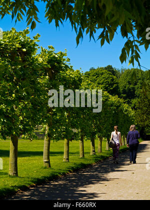 Due donne a camminare nel giardino a Rufford abbazia vicino a Ollerton nel NOTTINGHAMSHIRE REGNO UNITO Inghilterra nella motivazione di Rufford Country Park Foto Stock