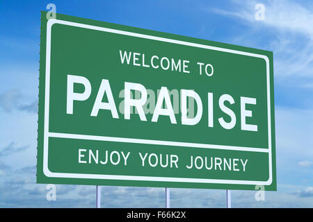 Benvenuti in Paradiso concetto su strada billboard Foto Stock