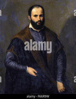 Pâris Bordone - Ritratto di un uomo barbuto, tre quarti di lunghezza che indossa un pelo nero cappotto foderato, tenendo un tappo nella sua mano destra Foto Stock