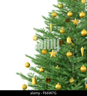 Albero di natale con decorazioni dorate isolato su bianco il rendering 3D Foto Stock