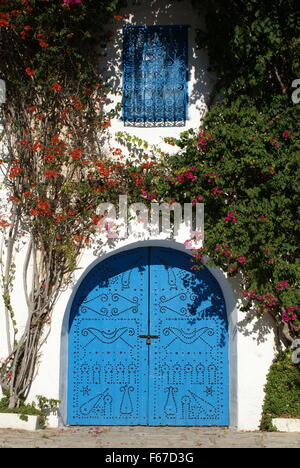 Blu decorativa della porta e finestra, Sidi Bou Said, Tunisia Foto Stock