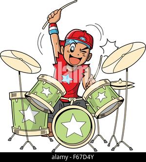 Divertimento di anime e manga stile cartoon batterista rocce fuori quando sta suonando la batteria Illustrazione Vettoriale
