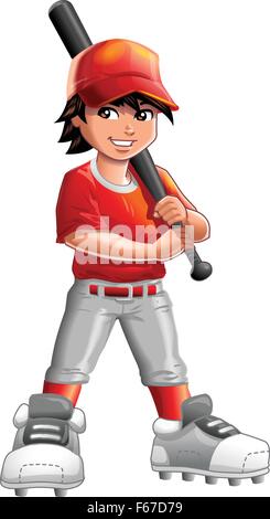 Ragazzo Baseball e Softball o Little League Player, tenendo la mazza da baseball. Illustrazione Vettoriale