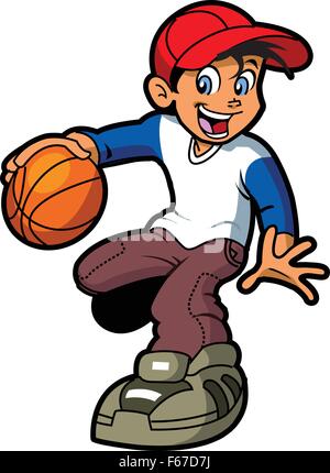 Felice Ragazzo sorridente e Dribbling Basket Illustrazione Vettoriale